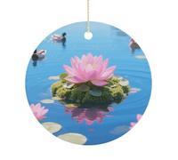 Lake Floating Double-Sided Ceramic Christmas Ornaments - Round Hanging Mini Xmas Tree Decorations, Ideas for Farmers, Rustic Home Decor for Indoor Outdoor Tree Decor