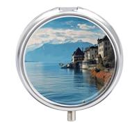 Lake Geneva Switzerland Round Pill Box 3 Compartment Pill Case Portable Travel Pill Organizer Medicine Tablet Vitamin Holder Organizer for Purse Pocket