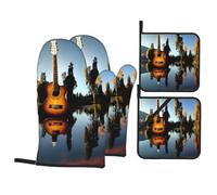 Lake Guitar Reflection Printing 4 Piece Heat Resistant Oven Mitts Set Kitchen Pot Holders Hot Pads For Grilling Cooking Gift