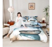 Lake House Bedding Set for Boys Girls,Fishing and Boating All Season Cozy Comforter Set Double Size,Fog Tree Lake Duvet Set Bedroom Decor,Personalized Birthday Gifts