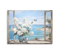 Lake House Pictures Wall Decor - Lakeside Outside Rustic Window Canvas Art Print - White Flower Bouquet and Butterflies by the Lake Poster for Farmhouse Bathroom Bedroom Decoration Frame 12"X16"