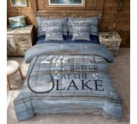 Lake Life Decor Bed in a Bag Queen Comforter Set 7 Piece | Fish Fishhook Bedding Sets Fishing Hook Comforter and Sheet Set,The Lake House Gifts Vintage Rustic Grunge Wood Country Farmhouse Decor