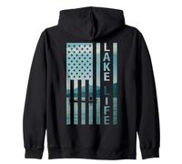 Lake Life Fisherman Sunset American Flag Bass Fishing Boat Zip Hoodie