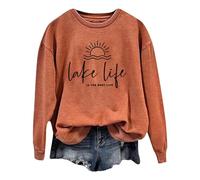 Lake Life Graphic Pullover Sweatshirts for Women Comfort Cute Letter Sweaters Trendy Long Sleeve Crewneck Tops Fall Workou Ladies Y2K Crewneck Sweatshirts Aesthetic Western Loose Fit Orange