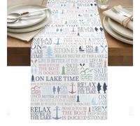 Lake Life Table Runner Colorful Word Pine Tree Boat Paddle Lighthouse Fish Washable Cotton Linen Dining Table Runner Tabletop Decorations for Restaurant Home Kitchen Party 13 x 120 Inch,