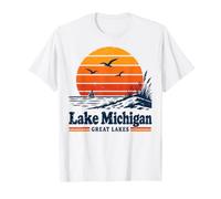 Lake Michigan Great Lakes Retro Sailing Beach Sunset Art T-Shirt