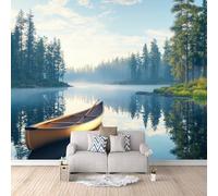 Lake Photo Wallpaper 3D Wooden Boat On Forest Lake Wall Murals for Living Room 300 × 256 cm / 118" × 100.7" - Non-Woven Mural Wallpaper Home Poster Sofa TV Background Wall Decor