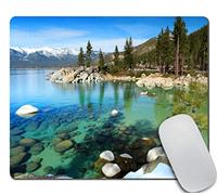 Lake Tahoe Mouse Pad, Scenic American Places Mountains with Snow Rocks in The Lake California Summer, Rectangle Non-Slip Rubber Mousepad, Standard Size, Reseda Grey