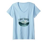 Lake Tahoe Scenic Mountain Landscape V-Neck T-Shirt, Women, Baby Blue, XXL