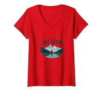 Lake Tahoe Scenic Mountain Landscape V-Neck T-Shirt, Women, Red, XXL