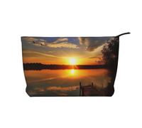 Lake Under Sunset Prints Corduroy Makeup Bag for Women Girls, Spacious Travel Cosmetic Organiser for Make-up, Toiletries & Essentials
