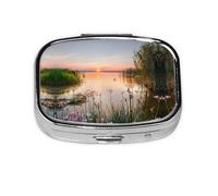 Lake View with Flowers Leaves Print Pill Box 2 Compartment Medicine Pill Case,Portable for Pocket Or Purse Pill Box Decorative Metal Medicine Organizer