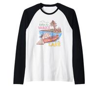 Lake Wake Canoe Cabin Camping Forest Nature Lover Hiking Art Raglan Baseball Tee