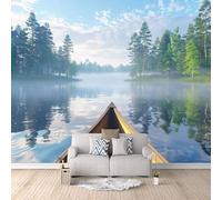 Lake Wall Mural Wooden Boat On Natural Forest Lake Photo Wallpaper 3D Wall Mural for Livingroom Bedroom, Non-Woven Wall Paper, Decor Poster Picture Mural 200 × 140 cm / 78.7" × 55.1"