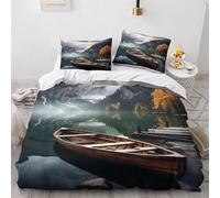 Lake Water Single Duvet Cover Set Boat Bedding Set 3D Print Soft Microfiber Quilt Covers 155x200 cm with Zipper Closure and 2 Pillowcases 50x75 cm for Kids Teens D.1347