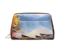 Lake with Boats Canoes Park Leather Makeup Bag, Large-Capacity Travel Storage Bag, Dual-Purpose Toiletries and Makeup Bag