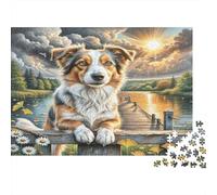 Lakeland Terrier Heavyweight Paper Australian Shepherd on Dock by Lake at Sunset Jigsaw Puzzle Giftable Birthday Gift 38x26cm/1000pcs