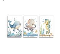 LAKELUUYAA 3 - Piece Watercolor Sea Creatures Canvas Wall Art Set - Unframed High - Quality Prints - Cute Nautical Decor for Kids’ Room Nursery (8x12inch/20x30cm, Unframed)