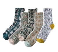 LAKEMON 5 Pack Cute Womens Floral Socks,Vintage Embroidered Floral Socks (5 Pairs-D)