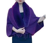 LAKEMON Knit Fringe Cape Shawl Fur Collar Cape, Ladies Knitted Loose Thickened Shawl, Winter Open Front Cardigan Shawls, Shawls and Wraps for Evening Dresses (Purple,L)