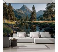 Lakes Forests Reflections Wallpaper - Natural Scenery Wall Mural for TV and Sofa Background, Non-Woven Art Print Decoration Green Wallpaper, for Living Room Bathroom Hallway, 250 x 175 cm