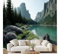 Lakes Mountains View Wall Mural Alpine Lush Forest Peel and Stick Photo Wallpaper 150x100 cm Nature Landscape Non-Woven Wall Stickers for Bedroom Living Room Corridor Poster Decoration zw131x