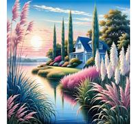 Lakeside Cabins Diamond Art Kits for Adults,DIY 5D Square Full Drill Lakeside Flowers Diamond Painting Kits for Beginner,Gem Art Diamond Dots Embroidery Painting Kit for Home Wall Decor 20x20 inch