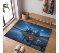 Lakeside Chalet Door Mats Indoor with TPR Backing, 60 x 90 cm | Washable, Non-Slip, Super Absorbent, Low Profile, Starry Sky Over Stone House In The Forest Entryway Rug for Bedroom Laundry Office