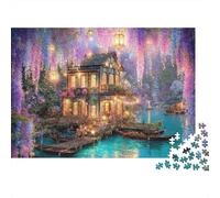 Lakeside Lantern House 1000 Piece Jigsaw Puzzle Paper Puzzle for Adults Dreamy Night Scene Focus Relaxation Home Decor 52x38cm/1000pcs