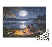 Lakeside Moonlight Couple 1000 Piece Jigsaw Puzzle Paper for Adults Romantic Picnic Night Scene Puzzle Game for Family Stress Relief Home Decor 70x50cm/1000pcs