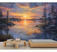 Lakeside River Sunset Landscape Murals Pine Coniferous Forest Wallpaper Tree Shrubs Rocks Wildflower Art Deco Wallpaper Natural Scenery Bedroom Wall Paper for Bedroom Living Room Mural 250X175cm