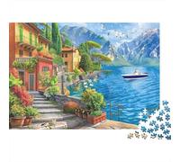 Lakeside Villa Scenery Challenging 1000 Piece Jigsaw Puzzle for Adults Mediterranean Coastal Village Sunny Mountain Lake View Premium Sturdy Vibrant Stress Relief 70x50cm/1000pcs