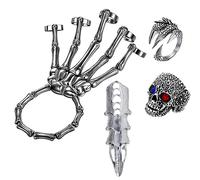 LAKIYOYO 4pcs Halloween Skull Skeleton Hand Bracelet with Ring Punk Wristband Skull Fingers Hand Bracelet Skeleton Ring Hallowmas Gifts Jewelry, L, alloy, other