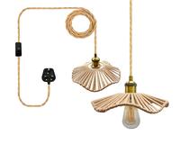 LAKONEI 2 Pack 5.1m Hemp Cable Plug in Pendant Lamp Kit, Industrial Antique Bronze E26/E27 Socket with Switch, Wave Scalloped Shade for Radial Woven Rustic Boho Ceiling Hanging Decor (No Bulb)