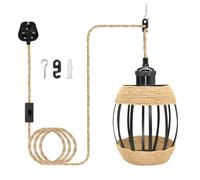 LAKONEI 5.1m Hemp Rope Hanging Lamp with in-Line Switch, Round Drum Iron Cage Shade & Pearl Black E27 Holder, Handmade Boho Pendant Fixture for Living Room or Dining Area