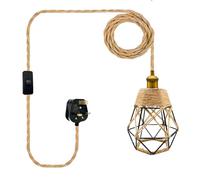 LAKONEI 510cm Plug in Hemp Rope Light Fixture, Diamond Wire Cage Shade with Antique Bronze E27 Lamp Holder & Switch, Industrial Vintage Hanging Lamp for DIY Ceiling Lighting