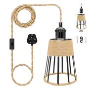 LAKONEI 510cm Plug in Hemp Rope Pendant Light with in-Line Switch, Rustic Funnel Iron Cage & Pearl Black E27 Holder, Hand Woven Rattan Shade for Boho Industrial Vintage Ceiling Hanging Lamp