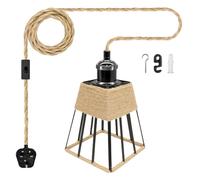 LAKONEI 510cm Plug in Hemp Rope Pendant Light with Switch, Industrial Square Iron Cage Shade & Pearl Black E27 Holder, Hand Woven Boho Ceiling Hanging Lamp for Kitchen Island or Bedside Decor