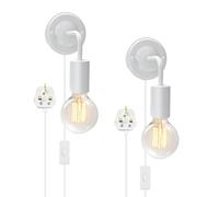 LAKONEI E27 Industrial Plug in Wall Lights 2Pcs White, Metal Vintage Wall Sconce with Curved Arm, Switch and UK Plug 180cm Cable, Modern Indoor Lighting for Bedroom Living Room (No Bulb)