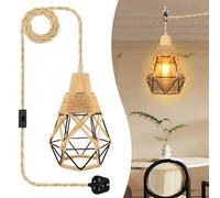 LAKONEI Plug in Hemp Rope Hanging Lamp with Switch, 5.1m Adjustable Cable & Diamond Hollow Braided Lampshade, E27 Vintage Ceiling Light, Boho Industrial Pendant for Living Room Bedroom