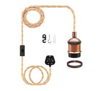 LAKONEI Vintage 510cm Double Braided Hemp Rope Pendant Light, Electroplated Burgundy E27/E26 Lamp Holder with UK Plug & in-Line Switch, Industrial Plug in Ceiling Light for DIY Hanging Lamp