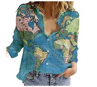 LAKOYA Women Blouses for Work Office Shirt Women's Long Button Sleeve World Top Casual Map Print Lapel Loose Women Shirts Big Sleeve Shirts Sky Blue