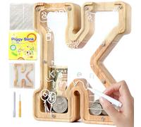 Lakpopya Wooden Money Box for Children Personalised Letters Money Box by A-Z Transparent Openable Money Box for Christening Gift Decoration (K)