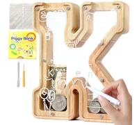 Lakpopya Wooden Money Box for Children Personalised Letters Money Box by A-Z Transparent Openable Money Box for Christening Gift Decoration (K)