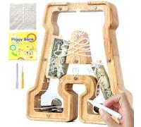 Lakpopya Wooden Money Box for Children Personalised Letters of A-Z Money Box Transparent Openable Money Box for Christening Gift Decoration (A)