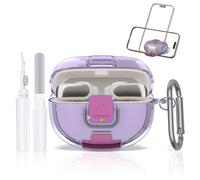 LAKSDIURT for Bose Ultra Open Earbuds Case with Secure Lock & Phone Stand, Soft TPU Shockproof Protective Clear Case for Bose Open Ear Earbuds Accessories with Cleaning Pen & Keychain (Clear Purple)