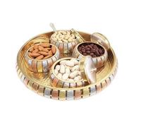 LAKSHMI'S EAGLE Brass Decorative Tray with 3 Bowl Round Plate Serving Tray Bowl For Dry Fruits Dessert Platter Handicrafted Dry Fruit Bowl Metal Jewellery Organiser Multi-Purpose Tray Diwali Gifts