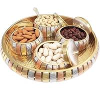 LAKSHMI'S EAGLE Brass Decorative Tray with 3 Bowl Round Plate Serving Tray Bowl For Dry Fruits Dessert Platter Handicrafted Dry Fruit Bowl Metal Jewellery Organiser Multi-Purpose Tray Diwali Gifts