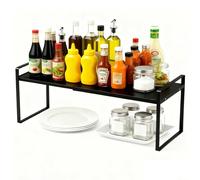 lakudayy Kitchen Shelf Organiser, Expandable Cupboard Shelf 32-53cm, Adjustable Shelf Height Heavy Duty Kitchen Shelf, Black Shelving with 3 Height Settings for Desktop Cupboard Organiser