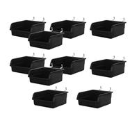 LALADEFIEE 10Pcs Black Pegboard Storage Bins with Hooks Thickened Plastic Small Parts Organizer for Garage Workshop Office with 1.6 and 2.5 Hole Spacing and Mounting Bracket